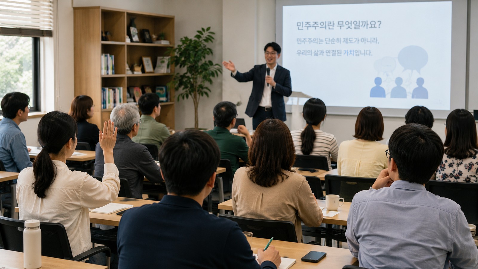 한국 시민들이 강의를 듣고 질문하는 민주시민아카데미 장면