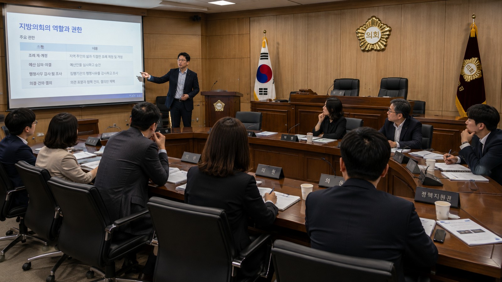 한국 지방의회 회의장에서 의정활동을 학습하는 의정아카데미 장면