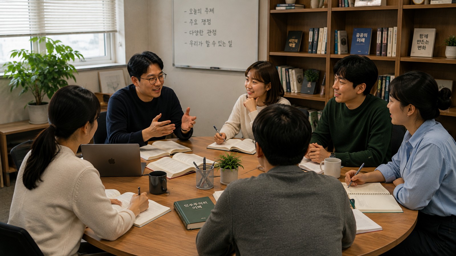 책과 노트를 펼쳐 놓고 토론하는 한국의 학습모임 장면